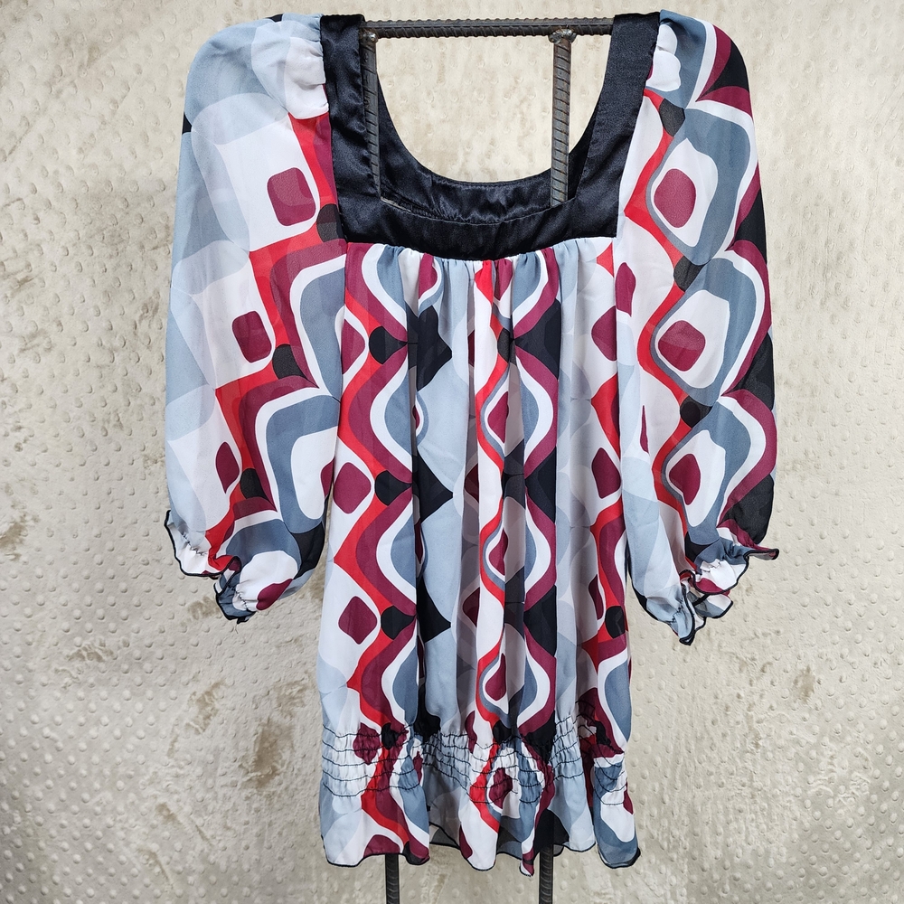 Lane Bryant Multicolor Abstract Geometric Blouse Square Neck Sheer Size 14-16